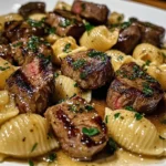 Garlic Butter Steak Bites With Creamy Parmesan Shell Pasta