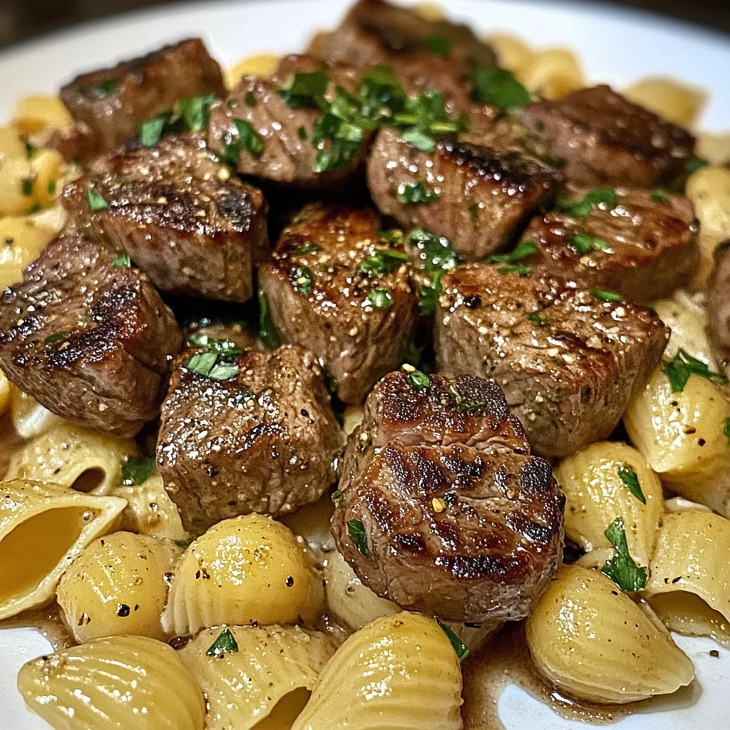 Garlic Herb Steak Cubes With Creamy Shell Pasta
