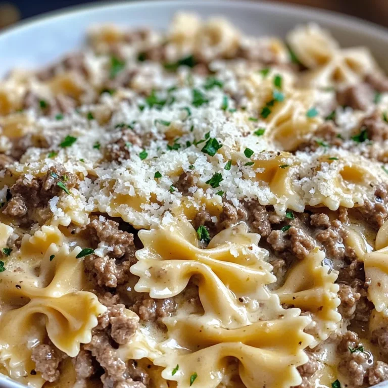 Savory Beef And Bowtie Pasta In Alfredo Sauce
