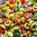 Corn Pasta Salad with Turkey Bacon and Creamy Pesto Dressing