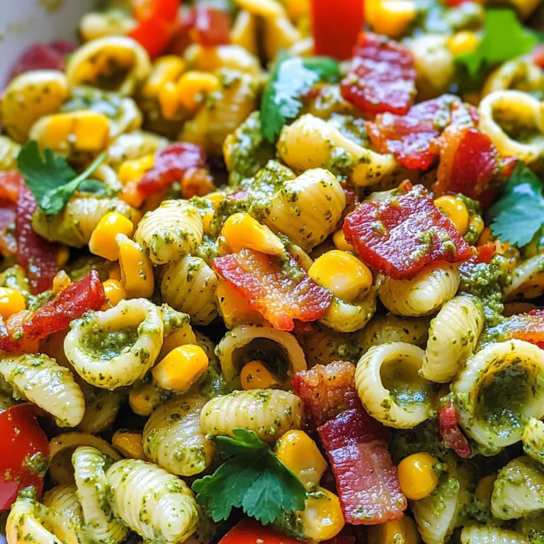 Corn Pasta Salad with Turkey Bacon and Creamy Pesto Dressing