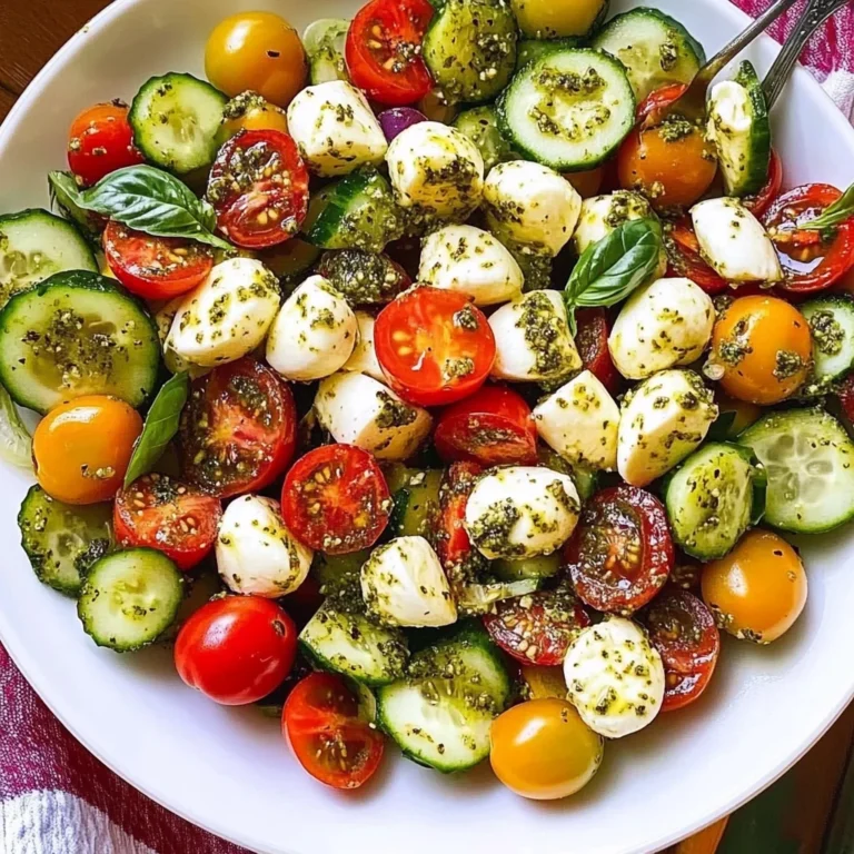 Tomato Cucumber Avocado Salad with Mozzarella and Basil Pesto