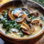 Wild Mushroom, Caramelized Onion and Kale Soup