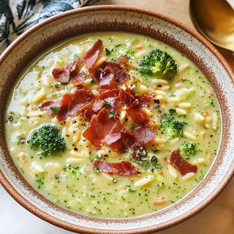 Broccoli Cheddar Orzo Soup with Crispy Prosciutto